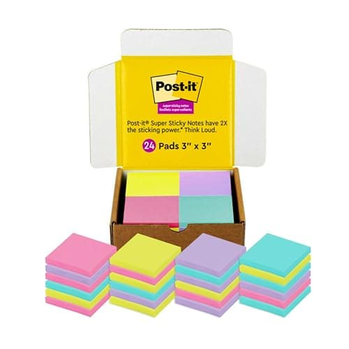 Post-it Super Sticky Notes, 3x3 in, 24 Pads/Pack, 70 Sheets/Pad, Assorted Bright Colors, Aqua Splash, Acid Lime, Tropical Pink and Iris Infusion...