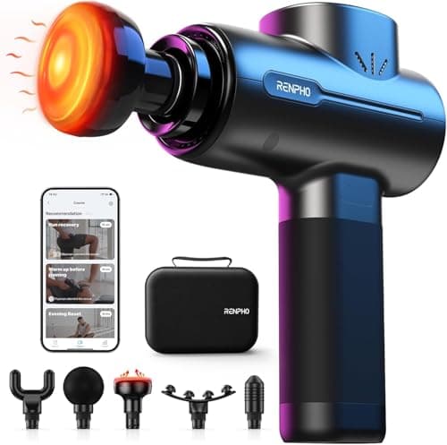 RENPHO Massage Gun with Heat, Percussion Massage Gun with Bluetooth, Portable Handheld Massager for Athletes, 5 Massage Heads, 5 Speeds, Carry...