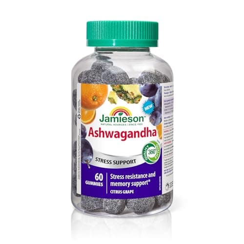 Jamieson Ashwagandha Gummies, 3,000 mg, Citrus Grape Flavour, Increases Resistance to Stress, Adaptogen, and Improves Memory. Non-GMO, Gluten-Free,...