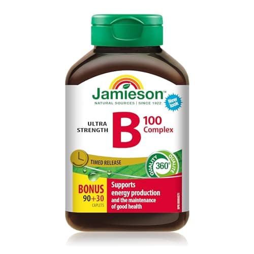 Jamieson Vitamin B100 Complex Caplets, Timed Released, Ultra Strength, Naturally Energizing, and Supports Metabolism. Vegetarian, Non-GMO,...
