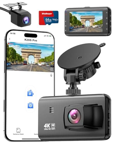 Caméra avant et arrière 4K Dash Cam, carte SD 64 Go gratuite, double caméras de bord 4K + 1080P pour voitures, WiFi 5G et contrôle par application, caméra de voiture IPS 3,0", vision nocturne, 24H...