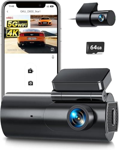 Dash Cam Front and Rear Camera – 4K+1080P Dual Dash Camera for Cars with 64GB SD Card, 5G/2.4GHz WiFi & App Control, Night Vision, Parking Mode,...