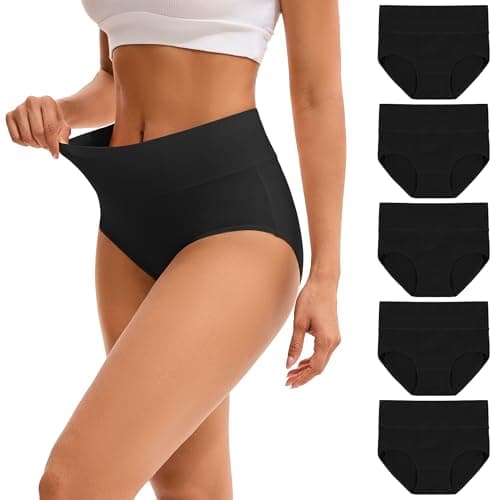 INNERSY Womens High Waisted Underwear Cotton Plus Size Ladies Panties 5 Pack(XL, 5 Black)
