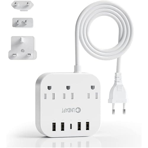 Unidapt European Plug Adapter, Unidapt US to UK Europe Power Strip for EU/UK/US with USB C and 4 USB Ports, 3 AC Outlets, Wall Mountable, 5ft Cord,...