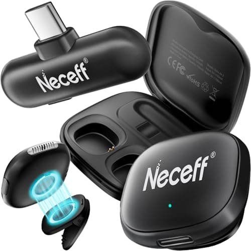 Neceff Mini Microphone Wireless with Case, Wireless Microphone for iPhone 15/16/17 Android USB-C, AI Noise Cancelling Lapel Mic for Vlog TikTok...