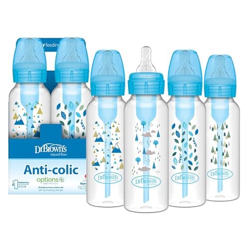 Dr. Brown's Natural Flow Anti-Colic Options+ Narrow Baby Bottle, Blue Nature, 8 oz/250 mL, with Level 1 Slow Flow Nipples, 0m+, 4 count (Pack of 1)