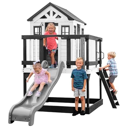 Backyard Discovery Sweetwater Heights White Elevated All Cedar Wooden White Playhouse with Clubhouse Slide & Ladder, Included Growth Board to...