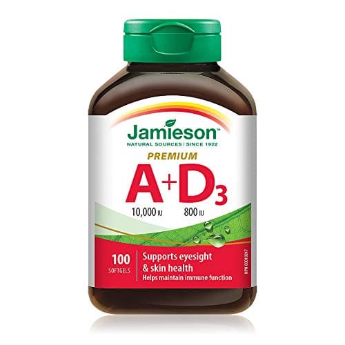 Jamieson Premium Vitamin A 10,000 IU with Vitamin D 800 IU, Eyesight Support, Skin Health, and Immune Support. Gluten-Free, No Artificial Colours...