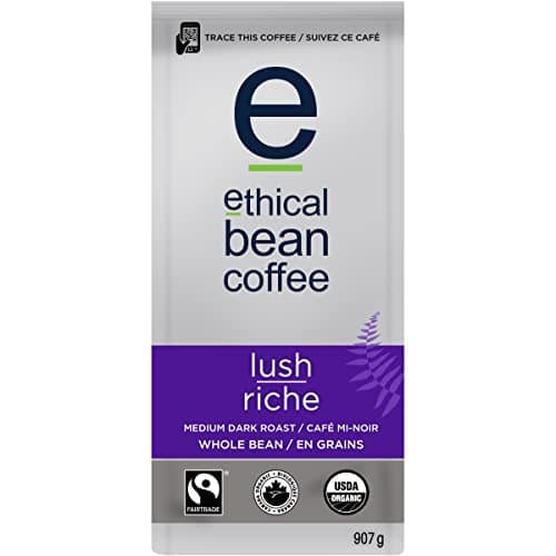 Ethical Bean Lush Café en grains entiers biologique à torréfaction moyennement foncée, sac de 907 g