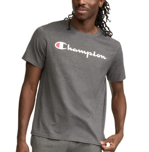 T-shirt à manches courtes Champion Classic Script Graphic pour hommes, coupe standard, logo script, disponible en standard et grand et grand, Granite Heather -...