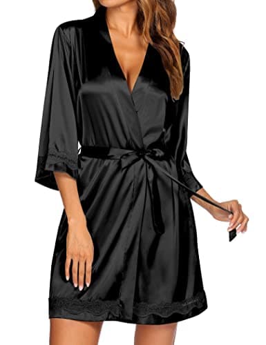 Ekouaer Women's Lace Trim Kimono Robe Nightwear Nightgown Sleepwear Satin Short Robe(Black/L)