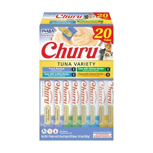 INABA Churu Cat Treats, Grain-Free, Lickable, Squeezable Creamy Purée Cat Treat/Topper with Vitamin E & Taurine, 0.5 Ounces Each Tube, 20 Tubes,...