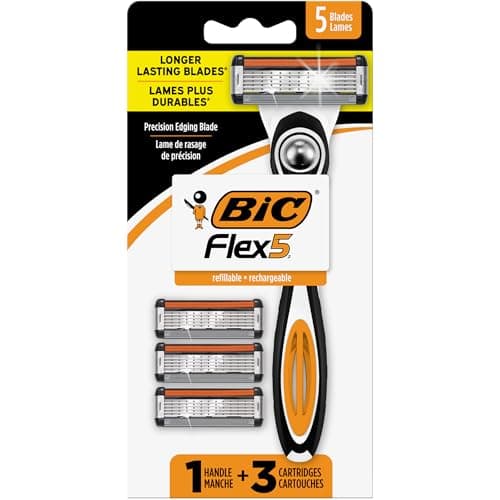 BIC Flex 5 Men's Refillable 5-Blade Razors with 1 Handle and 3 Cartridges, Comfortable Shave for Father's Day Grooming