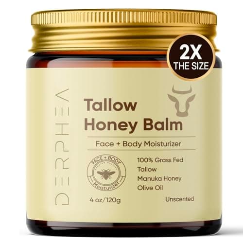 Derphea Beef Tallow Skincare - Rich Deeply Moisturizing Balm for More Softer, Smoother, Plumper Skin, with Raw Manuka Honey – Unscented 4 oz