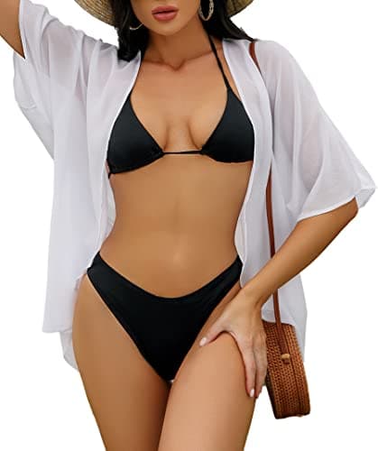 Womens Floral Kimono Cardigan Chiffon Beach Coverups Sheer Swimsuit Cover Up Casual Summer Tops(Solid White, L)