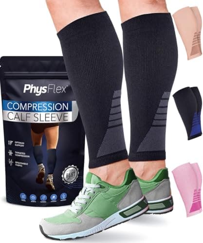 Calf Compression Sleeves for Men and Women - (1 Pair) Footless Compression Socks Support for Varicose Vein, Nursing, Pregnancy, Running - PhysFlex...