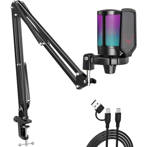 Fifine Gaming Microphone for PC Computer, USB Streaming Condenser Mic Kit with RGB, Quick Mute, Gain Knob, Boom Arm Stand, Pop Filter for Podcasts...