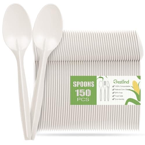 Gezond 150 Count Compostable Spoons White Heavyweight Spoons 6.7 Inch Disposable Utensils Biodegradable Cutlery Set for Home Party