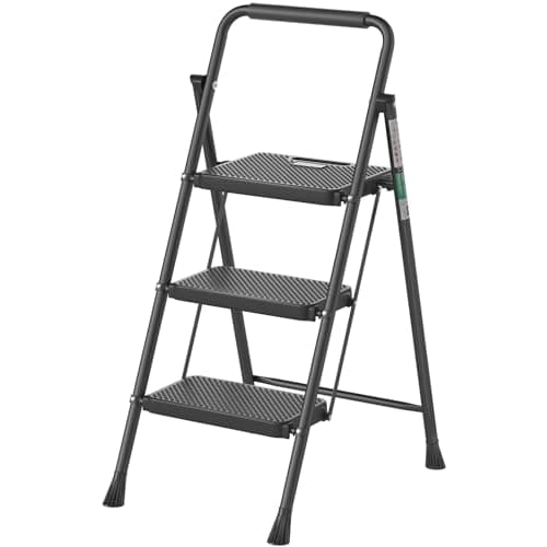 3 Step Ladder, RIKADE Folding Step Stool, Step Stool with Wide Anti-Slip Pedal, Lightweight, Portable Folding Step Ladder with Handgrip, Multi-use...