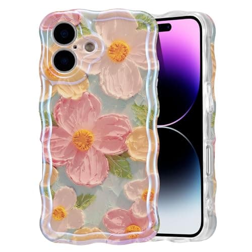 EYZUTAK Case for iPhone 16, Colorful Retro Oil Painting Printed Flower Laser Glossy Pattern Cute Curly Wave Edge Exquisite Phone Cover Stylish...