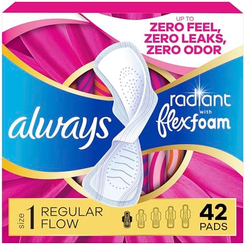 Always Radiant with FlexFoam Pads for Women, Size 1, Regular Pad with Wings, Scented, 42 Count