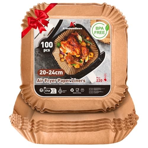 Doublures en papier pour friteuse à air jetables : KitchenBoss 100 pièces de papier sulfurisé pour friteuse à air carrée de 8 pouces/20 cm 5-8QT, doublures antiadhésives de qualité alimentaire...