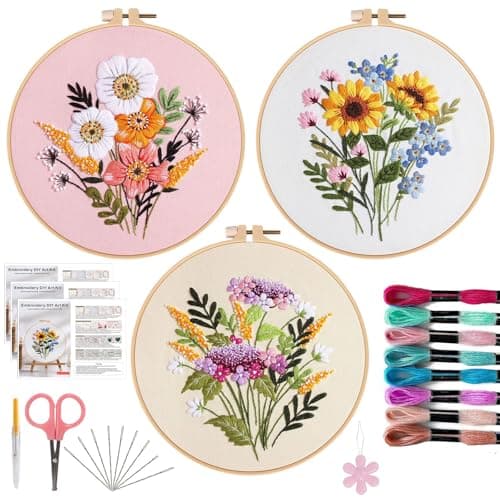 OFFIZON 3 PCS Embroidery Kit for Beginners - Cross Stitch DIY Craft Set, Flower Embroidery Accessories & Hoop Included, Hand Embroidery Kit for...