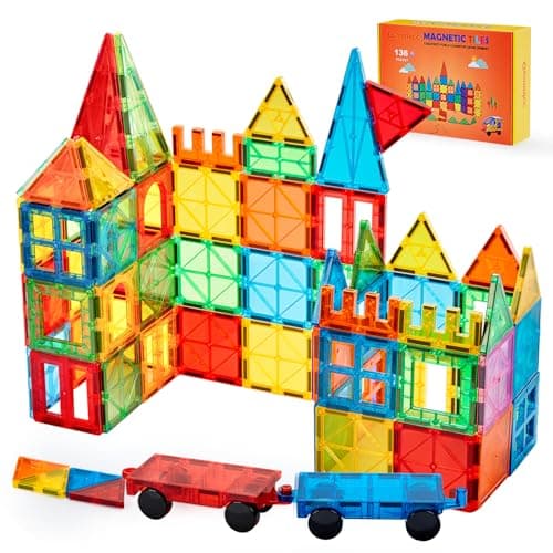 Gemmicc Carreaux magnétiques, 136 blocs de construction de luxe, jouets magnétiques pour enfants, puzzles magnétiques 3D, blocs empilables pour garçons et filles, énorme ensemble avec 2 voitures