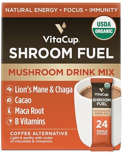 VitaCup Shroom Fuel, paquets alternatifs de café instantané à base de champignons, substitut de café aux champignons avec cacao, cannelle, chaga, crinière de lion et maca pour...