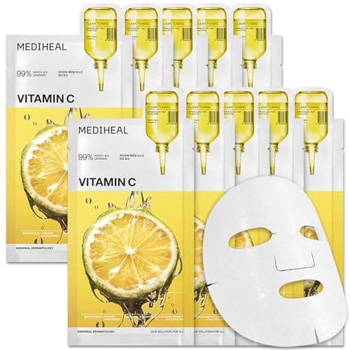 MEDIHEAL Vitamin C Essential Face Mask - Brightening & Hydrating Facial Mask for Blemish & Uneven Skin Tone, Clear Toning with Niacinamide, Vegan,...