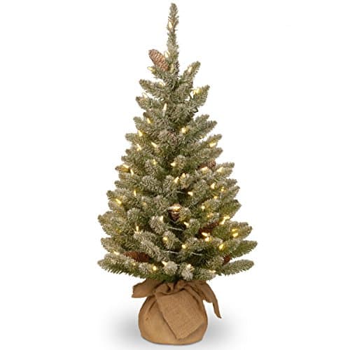 National Tree Company Mini sapin de Noël artificiel floqué pré-éclairé de 3 pieds, pommes de pin, 50 lumières LED transparentes, minuterie, 130...