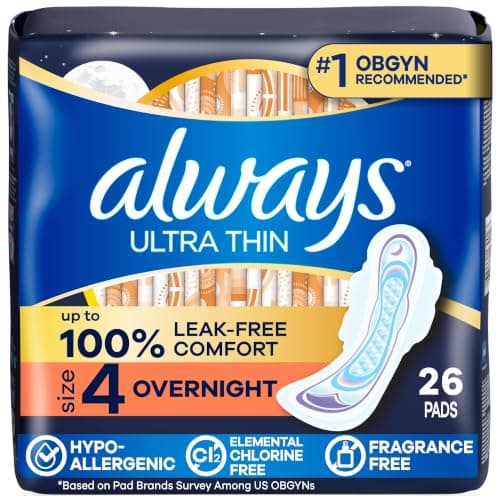 Always Ultra Thin Feminine Pads with Wings for Women, Size 4, Overnight Absorbency, Unscented, 26 Count