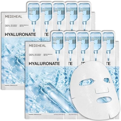 MEDIHEAL Hyaluronate Essential Face Mask - Hydrating with Hyaluronic Acid, Panthenol, PHA & Squalane, Soothing & Glass Skin Sheet Mask for Dry...