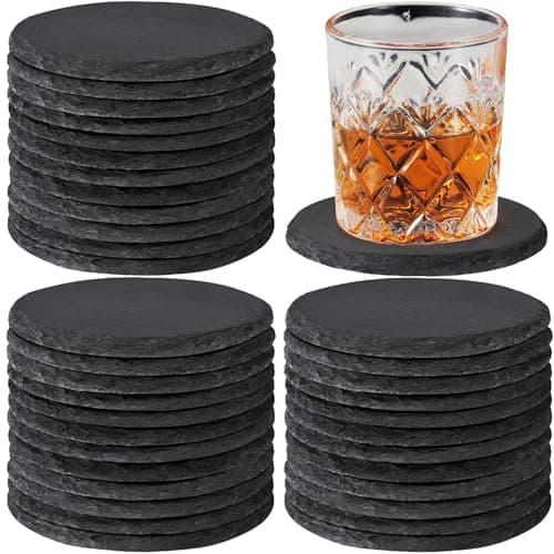 MAPRIAL 36 PCS Slate Coasters Bulk, 4 Inch Round Coasters for Drinks Black Rustic Stone Coaster Set with Anti-Scratch Backing for Laser Engraving,...