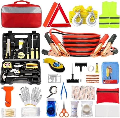 Car Emergency Kit,Multifunctional Roadside Assistance Auto Safety Tool with First Aid Kit, Jumper Cables,Tow Strap,Rain Coat,Tire Pressure Gauge...