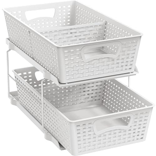 Simple Houseware 2 Tier Bathroom Organizer Tray Pull-Out Sliding Drawer/Under-Sink Storage, White