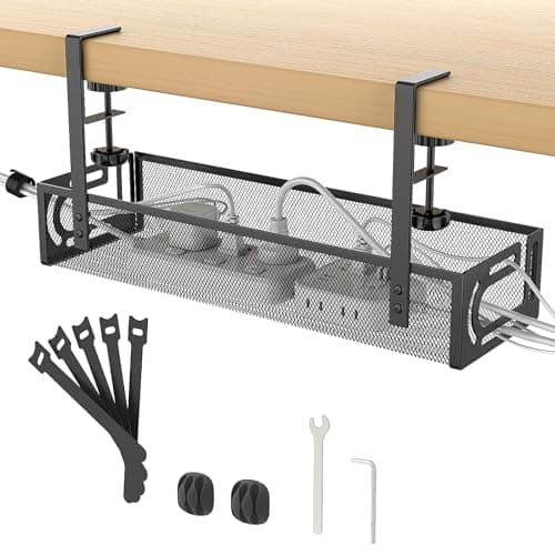 Under Desk Cable Management Tray No Drill, Metal Mesh Cable Tray with Clamp for Desk Wire Management, Desk Cable Management Box and Cord Organizer...