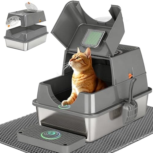 Citylife Stainless Steel Cat Litter Box with Lid, Flip-Top Extra Large Enclosed Litter Box, Covered Metal High Sided Litter Pan with Mat & Scoop,...