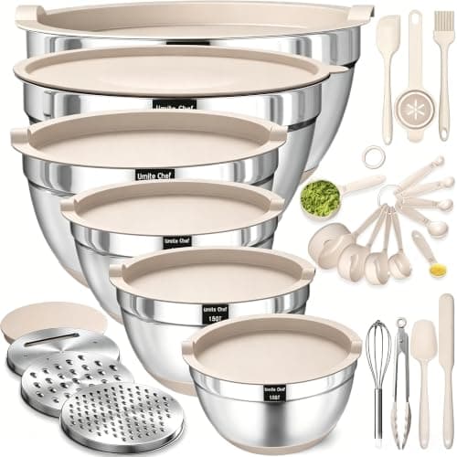 Mixing Bowls with Airtight Lids Set, 26PCS Stainless Steel Khaki Bowls with Grater Attachments, Non-Slip Bottoms & Kitchen Gadgets Set, Size 7, 4,...