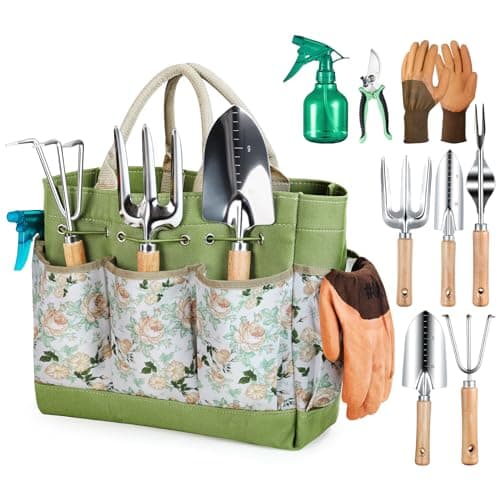 Grenebo Garden Tools 9-Piece Heavy Duty Gardening Tools with Pruning Shears & Large Garden Tote, Rust-Proof Tools Set for Gardening, Ideal...