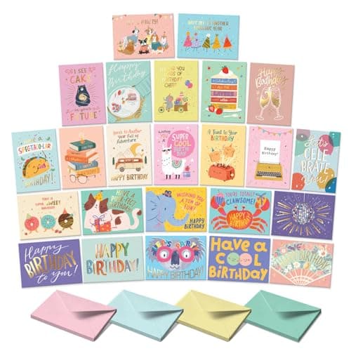 S&O Box of Birthday Cards with Envelopes - Bulk 24 Unique Happy Day Notes - Colorful Birthday Decor Bulk for Office & Home - Assorted Party Cards...