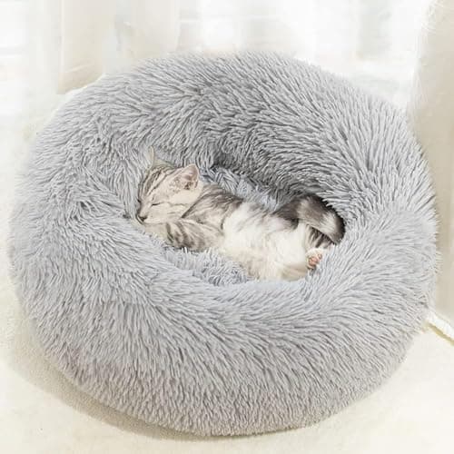 Dog & Cat Bed, 20in Cat Beds for Indoor Cats, Fluffy Calming Bed for Puppy and Kitten, Washable Round Pet Bed for Small Medium Dogs and Cats (Light...