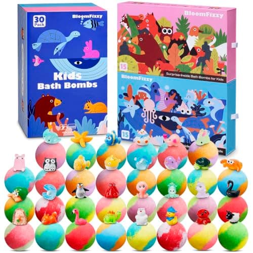 30 Kids Bath Bombs with Surprise Inside, Gift Set with 30 Unique Land & Sea Animal Toys, Fun, Educational, and Child-Safe Natural Bath Bombs with...