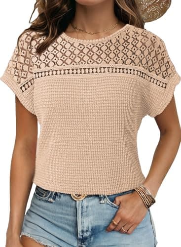 Dokotoo Tunique d'été surdimensionnée pour femme, col rond, tricot gaufré, manches courtes, chemisiers décontractés, coupe ample, léger, couleur unie, crochet T...