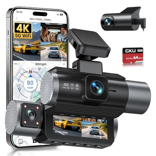 GKU 4K 3 Channel Dash Cam Built-in 5.8GHz WiFi & GPS, 4K+1080P+1080P Front and Rear Inside, IR Night Vision Dashcam Support 24H Parking Mode, Loop...