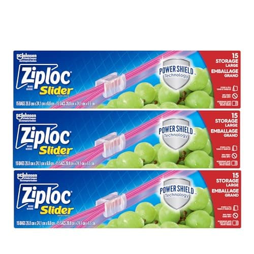 Ziploc Food Storage Large Slider Bags, Stand & Fill, Puncture-Resistant with Easy Close Slider, Expandable Bottom, BPA Free, Microwave Safe, 45 Count