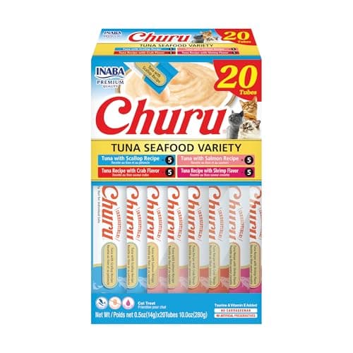 Gâteries pour chats INABA Churu, friandises pour chats à la purée crémeuse à lécher et à presser avec extrait de thé vert et taurine, 14 grammes par tube, 20 tubes, thon et fruits de mer...