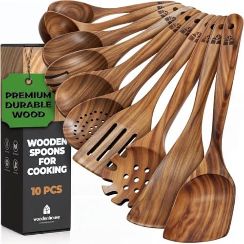 Wooden Spoons for Cooking, Kitchen Utensil Set, 10 Pcs Cooking Utensils Set for Nonstick Pans & Cookware – Study Teak Wood, Lightweight & Heat...