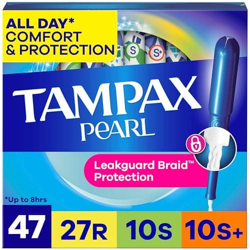 Tampax Pearl Tampons Multipack, with LeakGuard Braid, Regular/Super/Super Plus Absorbency, Unscented, 47 Count
