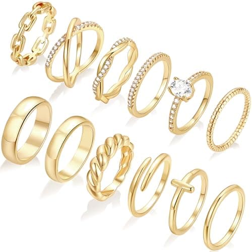 12 PCS Dainty 14K Gold Rings for Women, Eternity Open Chunky Twist Simulated Diamond Criss Cross Designs, Non Tarnish Gold Plated Stacking Thumb...